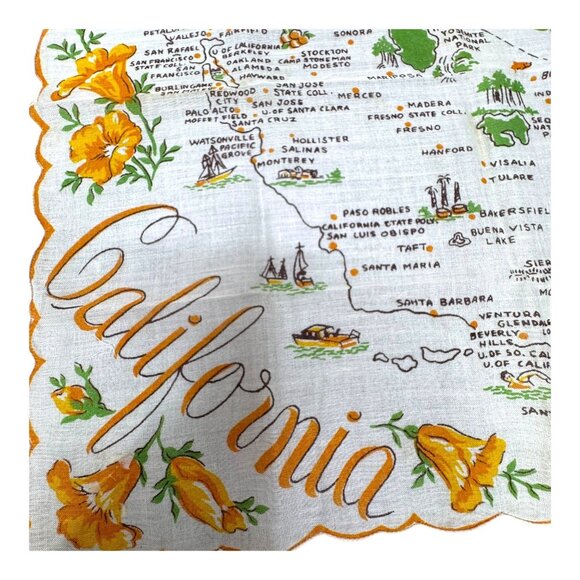 VTG 1960s Ranshaw California State Handkerchief Hankie Flowers Scalloped Yellow - Picture 2 of 6